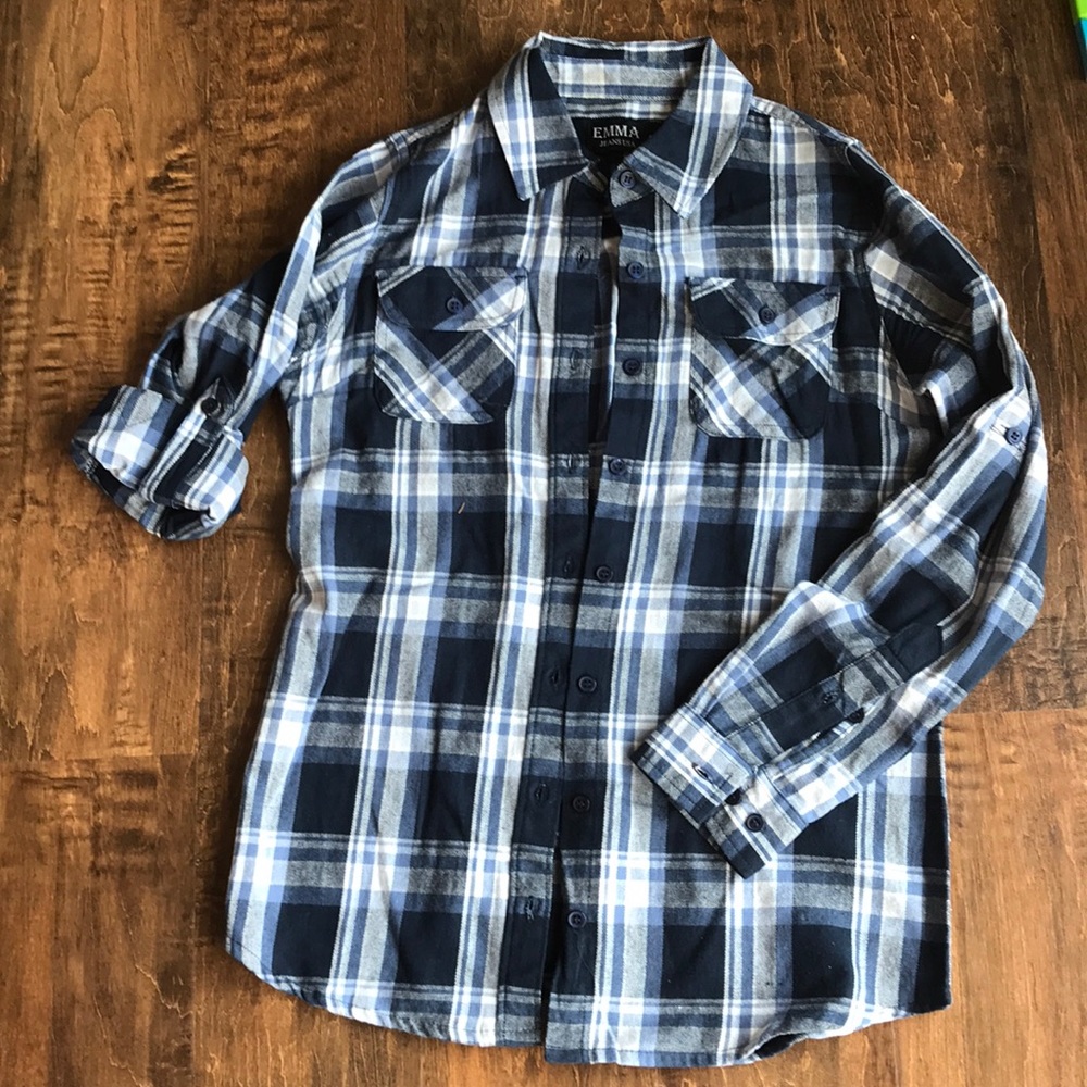 Emma jeans blue plaid shirt